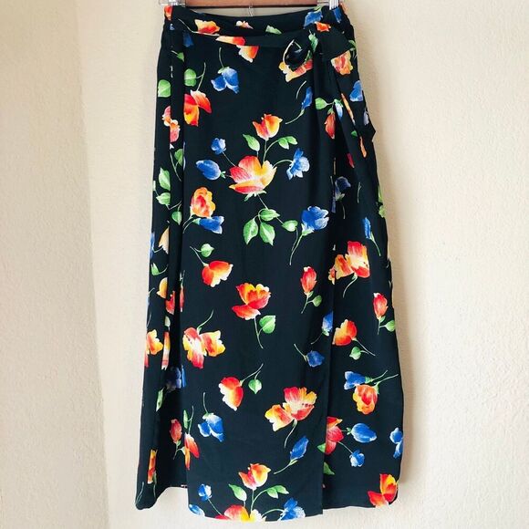 Kathie Lee Midi Skirt Womens 16 Black Floral Print Faux Wrap Flowy Tropical - Picture 1 of 7